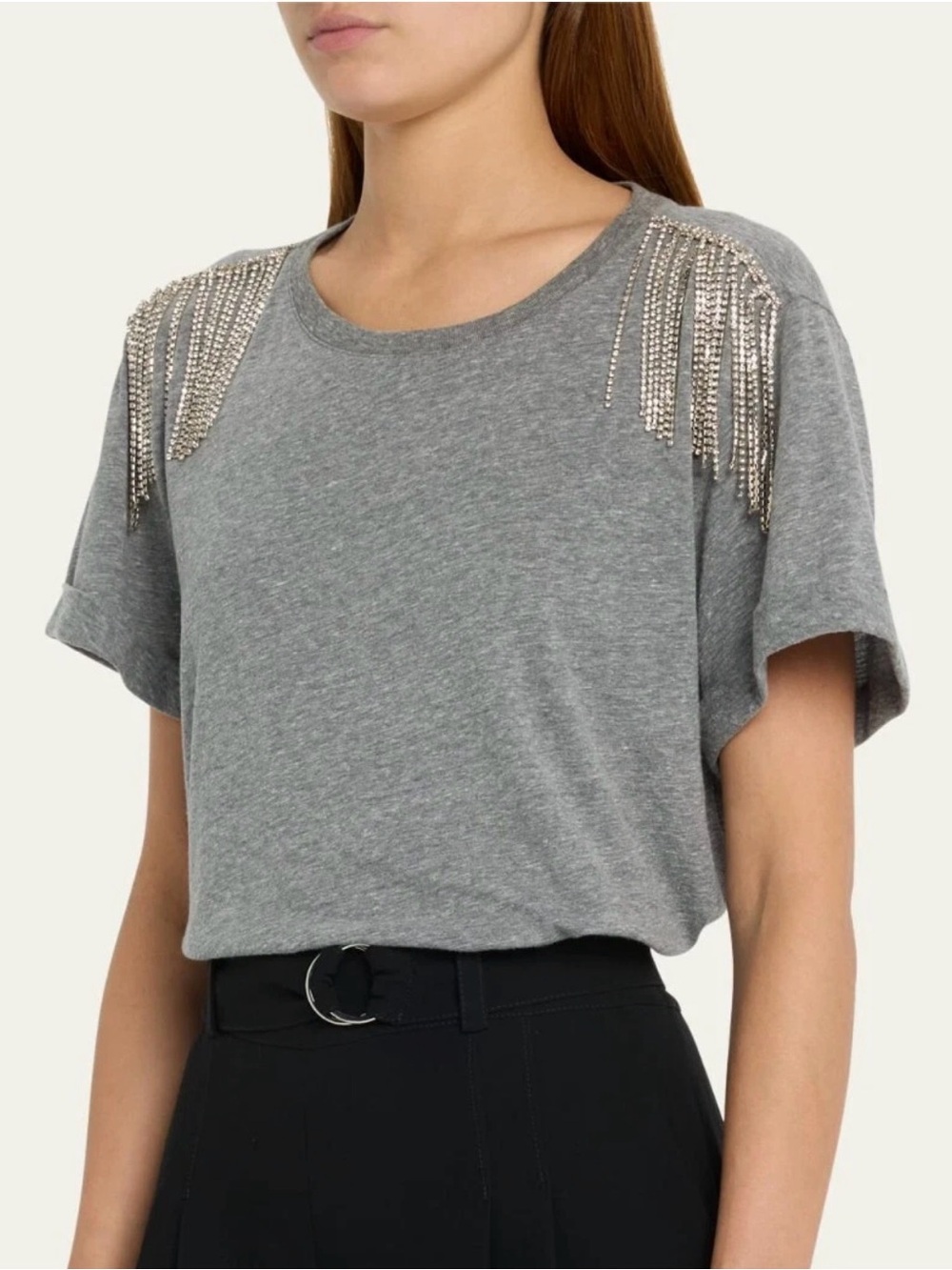 Cinq a Sept Bree Rhinestone Fringe Embellished T-shirt